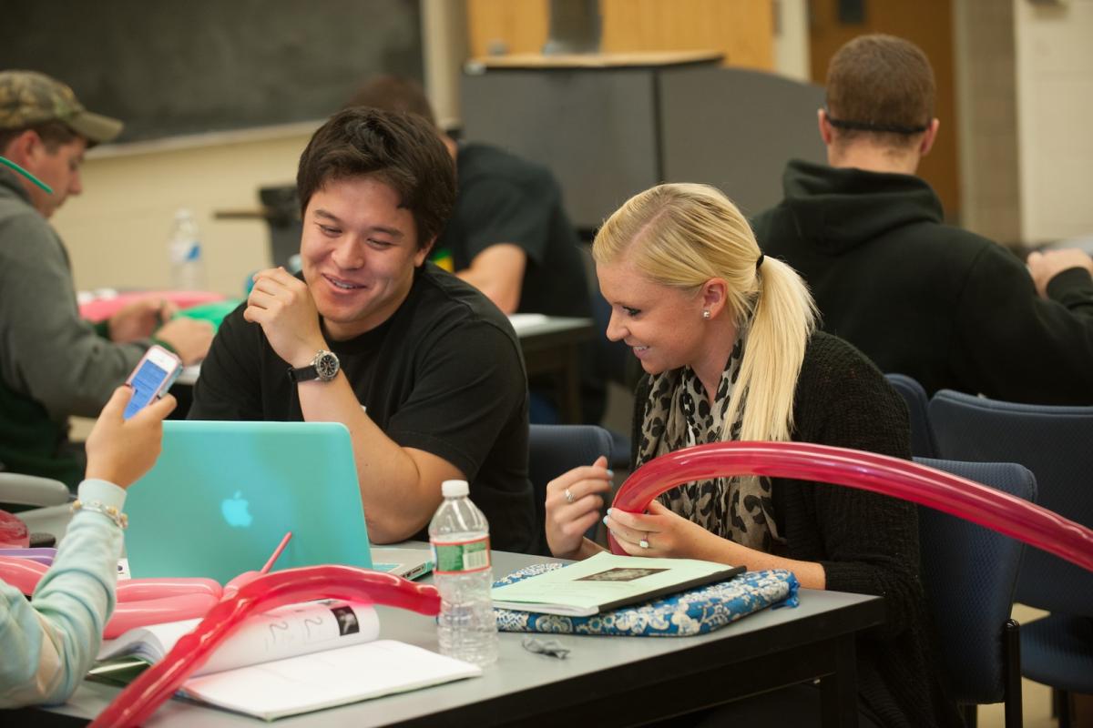 Two students in a math classroom collaboratively working on a learning project.