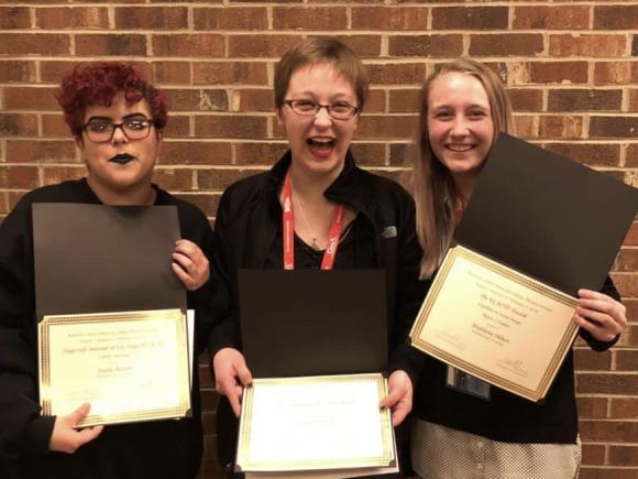 Madeleine Hebért, Casey Dubrowski and Anaila Aleman Colon pose with their awards from the Kennedy Center American College Theater Festival