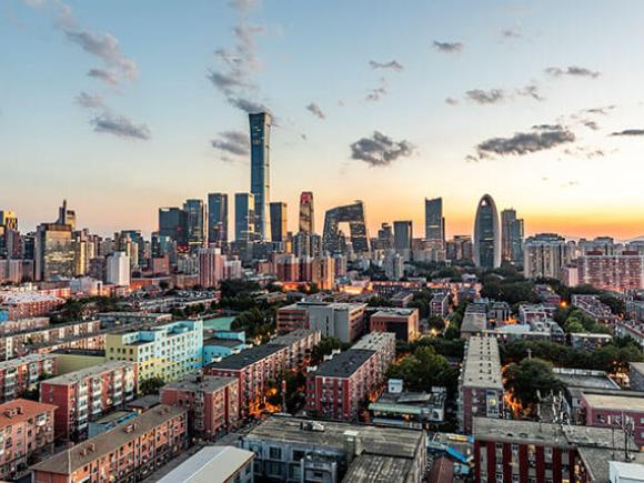 An aerial photo of a city skyline.