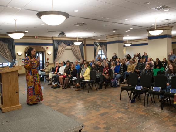 Group photo of Conversation with Values Practitioners event in Scanlon Banquet Hall.