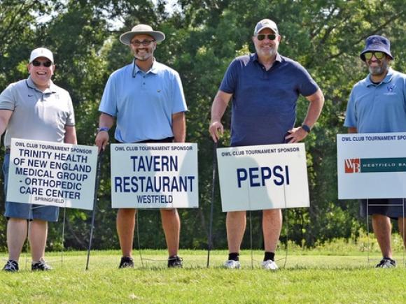 "The foursome of Mike Mazeika, Junior Delgado, Dan Forster and Juan Rivera pose on a tee box at Crestview Country Club as part of the 18th Annual Owl Club Golf Tournament on Monday, August 5, 2024. (Steve Moussette photo)"