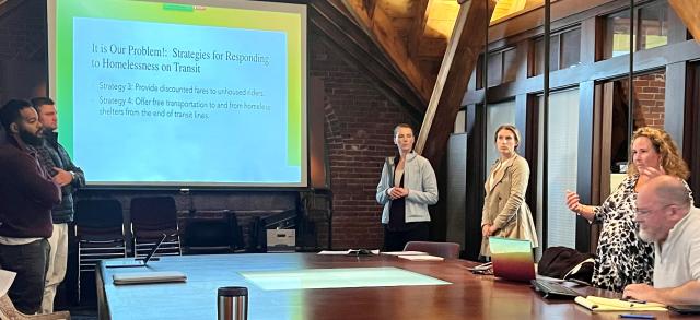 MPA student Emily Graves-Harrison presenting to Pioneer Valley Transit Association members. Sitting next to her is PVTA’s Director of Transit Operations Paul Burns-Johnson, MPA graduate in 2021. (Submitted Photo)