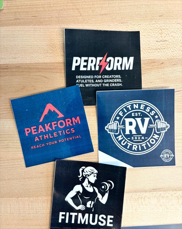 stickers titled "PERFORM, PEAKFORM, and RV fitness & nutrition", different shades of blue, red and orange