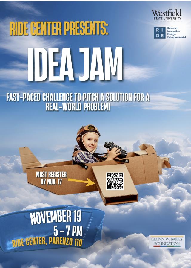 person flying a cardboard plane; RIDE center presents IDEA JAM, a fast paced challenge to pitch a solution for a real world problem; november 19, 5-7pm