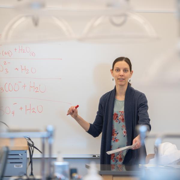 Professor Evanoski-Cole in front of classroom whiteboard.