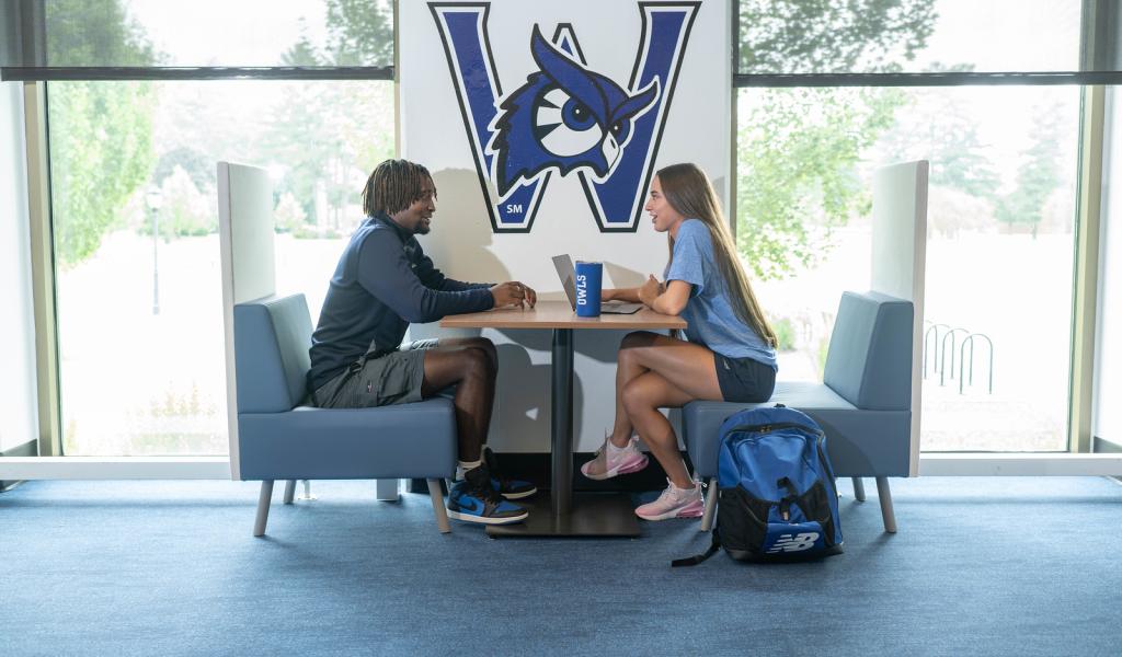 Two students studying together in the campus center.